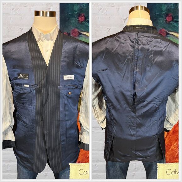Calvin Klein 44R Mens Navy Blue Pinstripe 3 Button Blazer Sport Coat Jacket - Picture 7 of 12